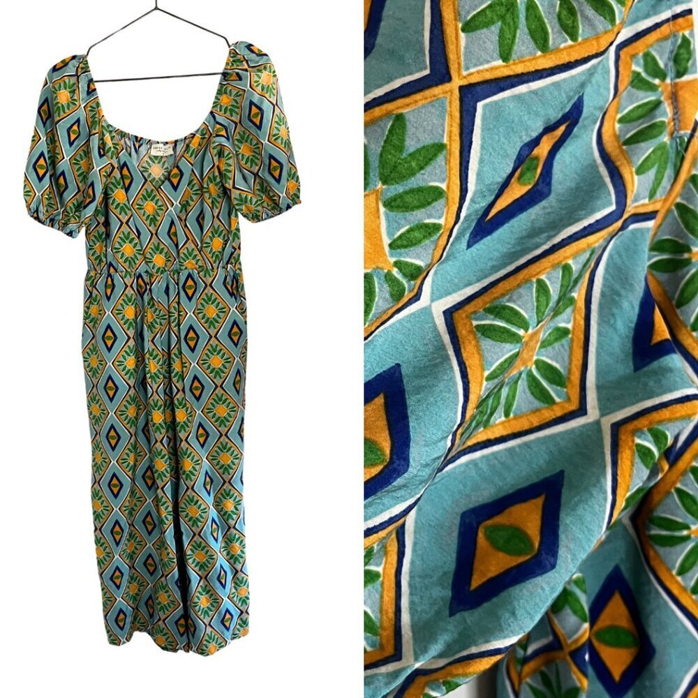 Dress Forum LA Turquoise Blue Multi Print Square Neck Wide Leg Jumpsuit